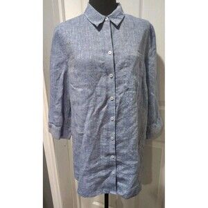 Chicos Top Womens Size 2 (12/14) Blue 100% Linen No Iron Fresh Chic Button Up